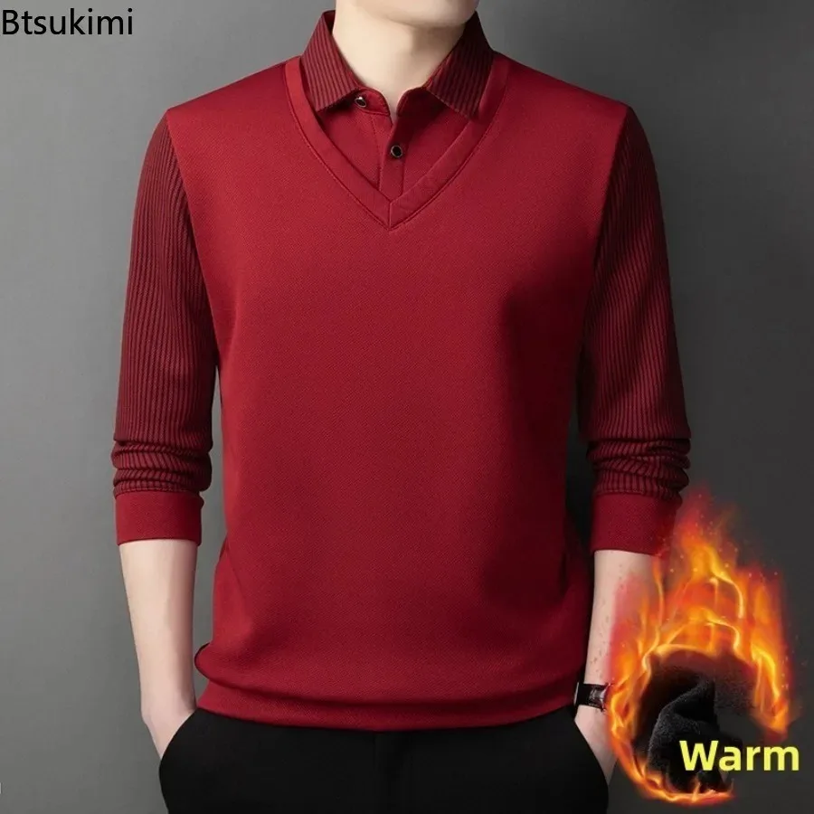 New Men's Casual Business Knitted Sweaters Autumn Winter Fashion Fake Two-piece Shirt Collar Fleece Warm Pullover Versatile Tops