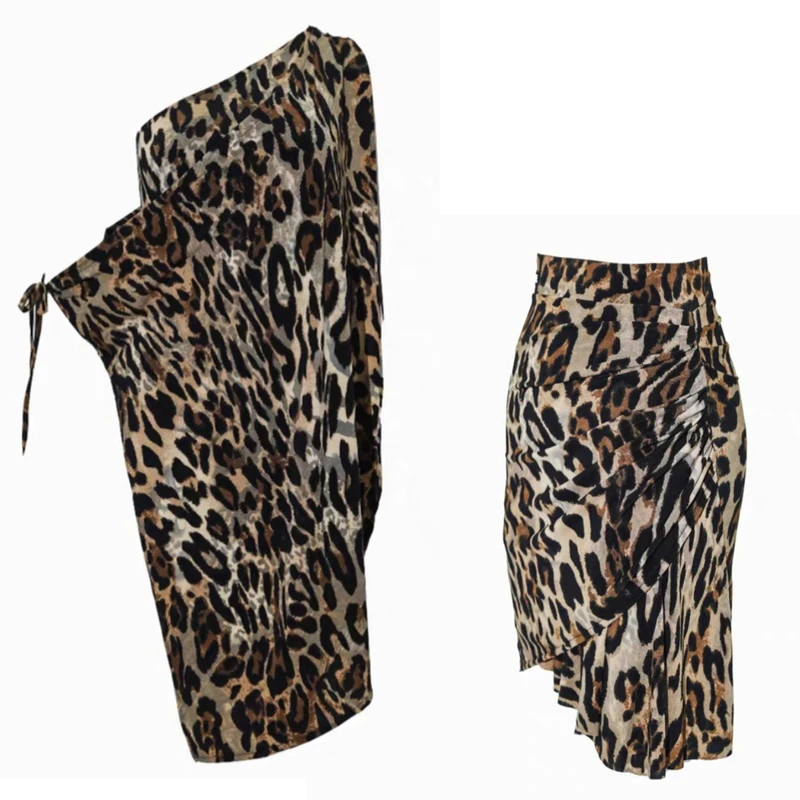 Adultos roupas de dança latina sexy ombro inclinado leopardo latino blusa saias mulheres chacha trajes de dança de salão sl13307