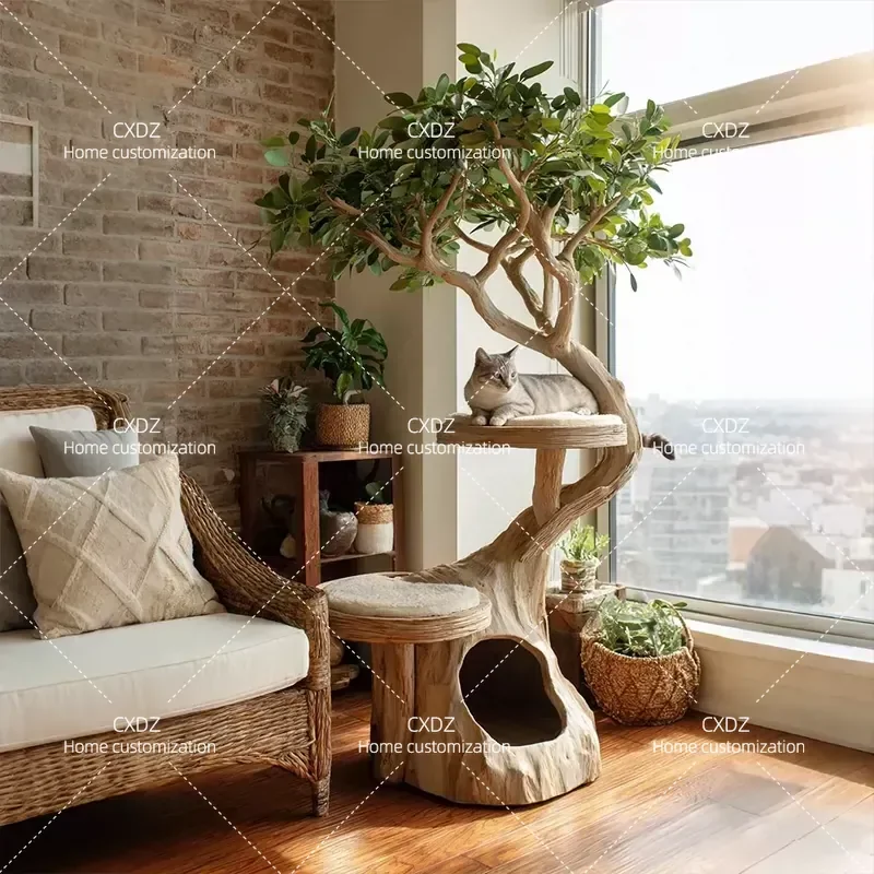 Solid Wood Cat Tree Integrated Climbing Frame Space Saving for Small Apartments Large Cat Jumping Platform Nest All Season
