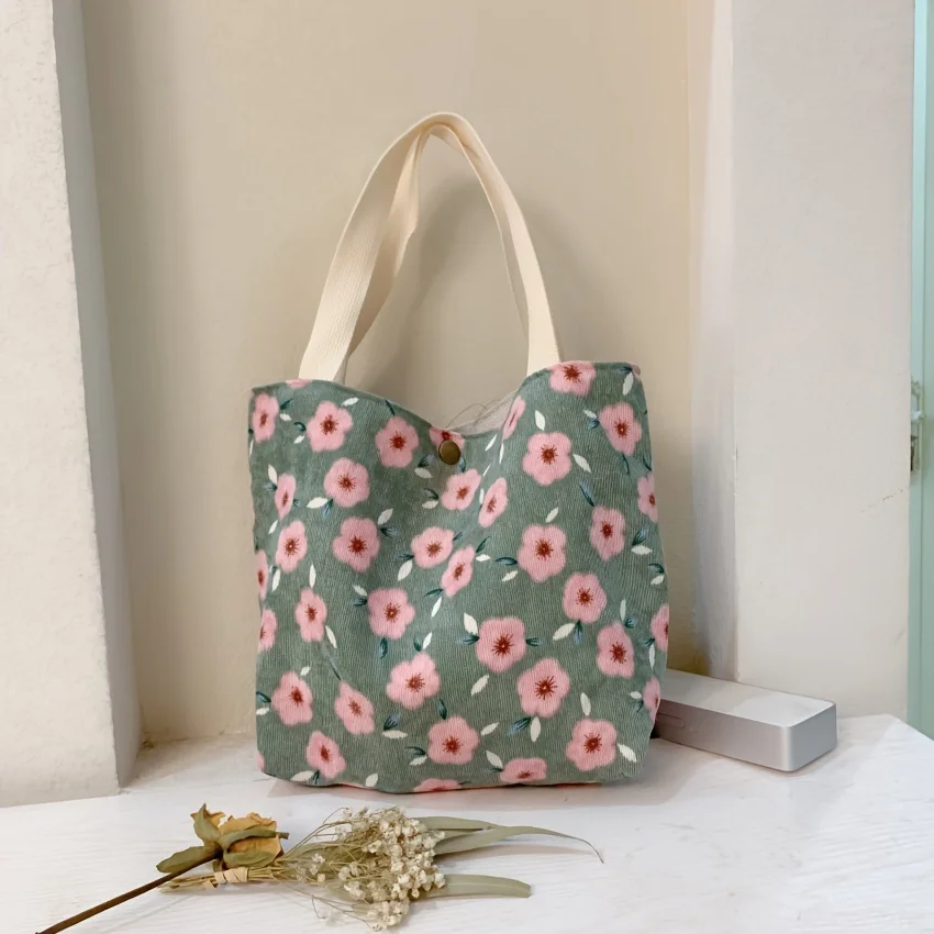 Damen- und Mädchen-Arbeitstasche aus Cord, Alltagstasche mit kleinen grünen Blumen, blaue Gänseblümchen aus Cord, tragbare rote Rosen-Tasche aus Cord – Detail 1