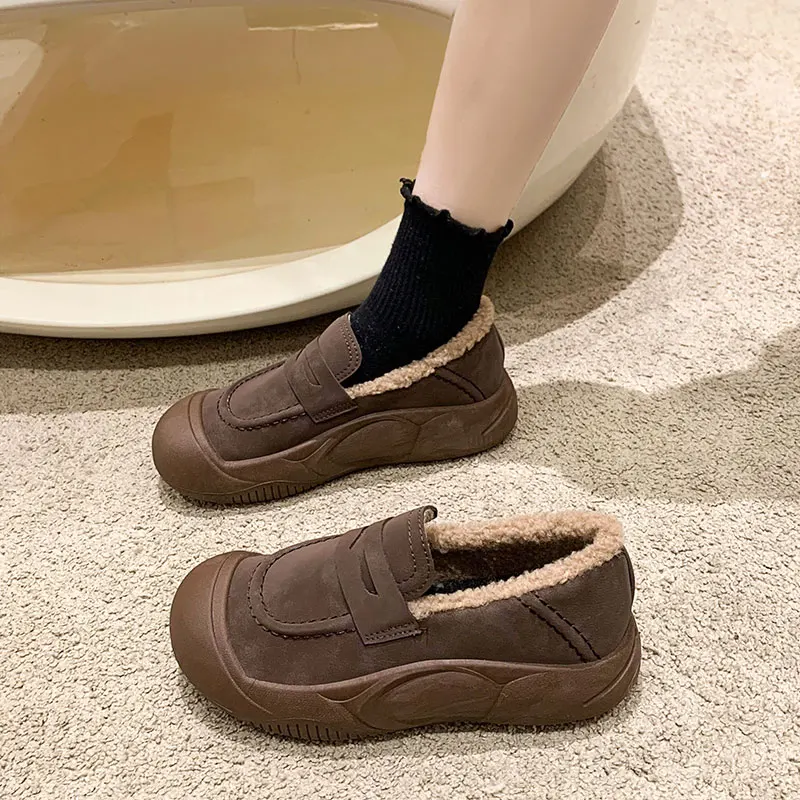 Casual Woman Shoe Clogs Platform Slip-on Loafers With Fur Creepers Retro Slip On New Winter Leisure Shoes Woman 2024 Clogs Platf