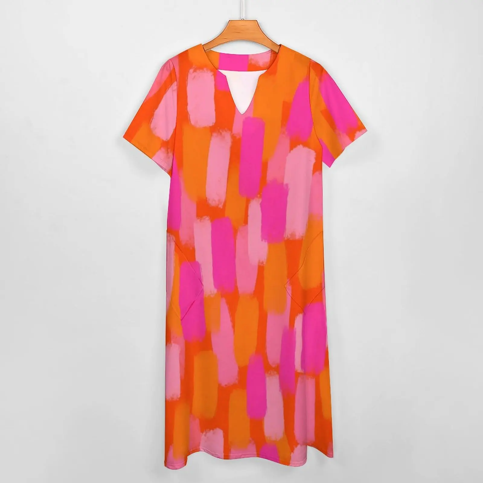 Abstract Paint Brush Dress Pink and Orange Vintage Maxi Dress Short Sleeve Boho Beach Long Dresses Street Style Big Size Vestido