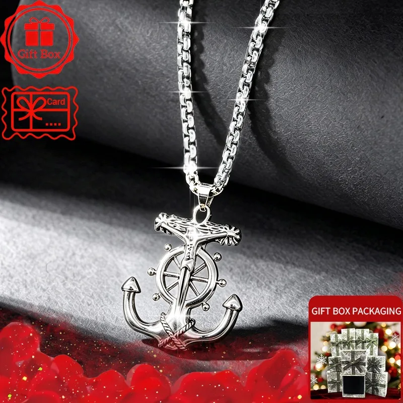 Vintage Nautical Anchor Cross Pendant Necklace with Gift Box, Unisex punk Hip-Hop Sailor Jewelry, Beach Accessory Gift