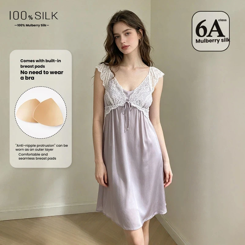 2026 Summer New 100% Mulberry Silk French Princess Nightdress Loose Sleepwear With Built-in Bra Elegant Homewear