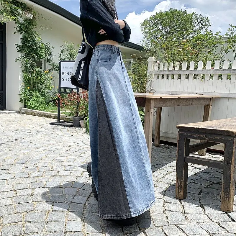 

Vintage Patchwork Denim Skirt for Women 2025 New High Waist Design Sense Umbrella Skirt Versatile Mid-Length Skirt