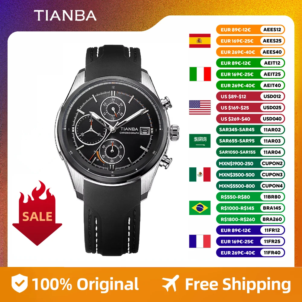 TIANBA Original Eco-Driver Solar Quartz Movement Waterproof Men\'s Watch Luminous Calendar Display Stainless Steel Band  9002