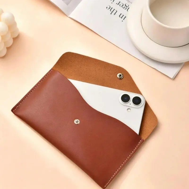 Retro Envelope Style Long Leather Pouch Snap Button Cash Wallet Unisex Storage Bag Travel School Gift
