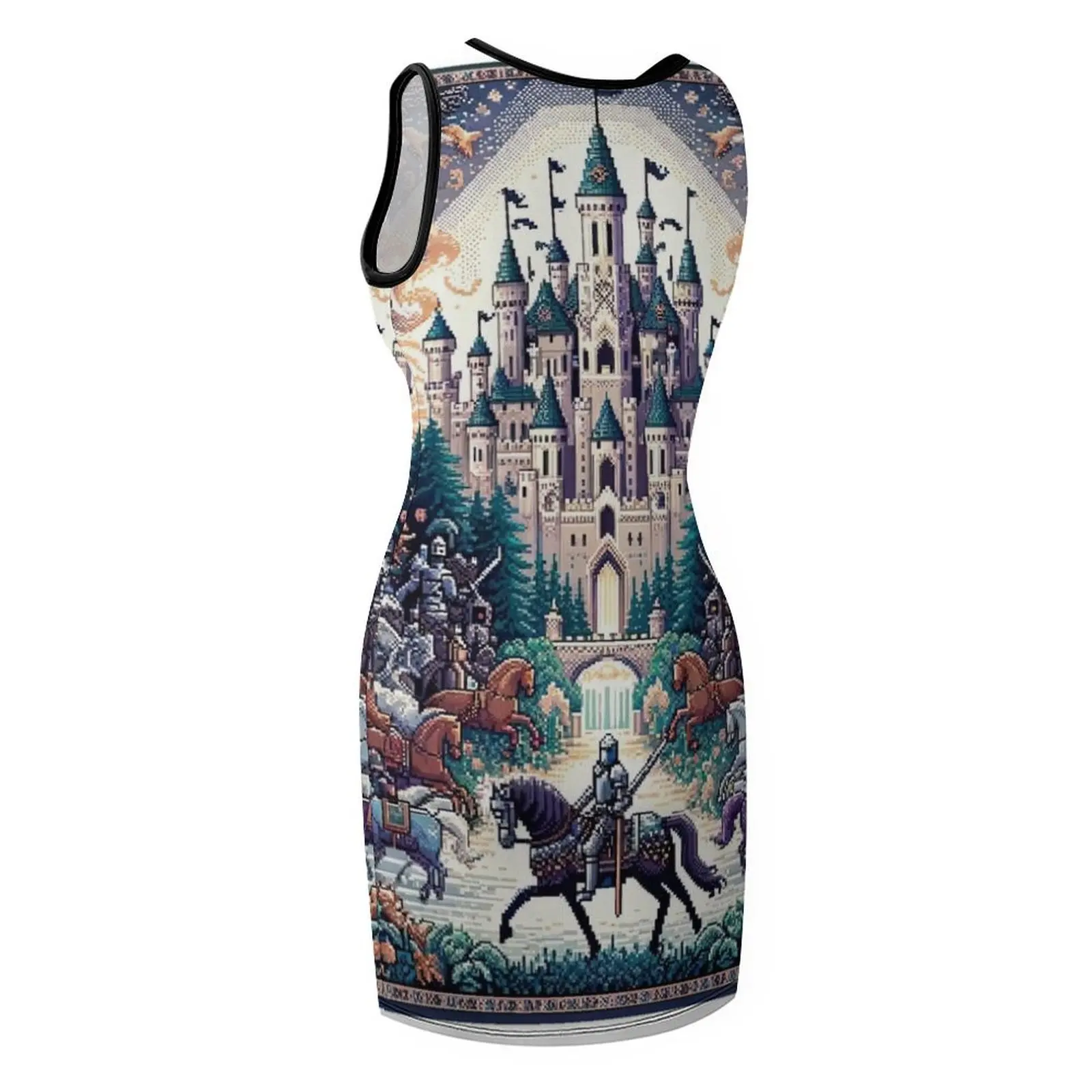 تصميمات وعناصر مملكة الفارس بنمط سلس يذكرنا المخلوقات الأسطورية أو مشاهد العصور الوسطى فستان صيفي بدون أكمام