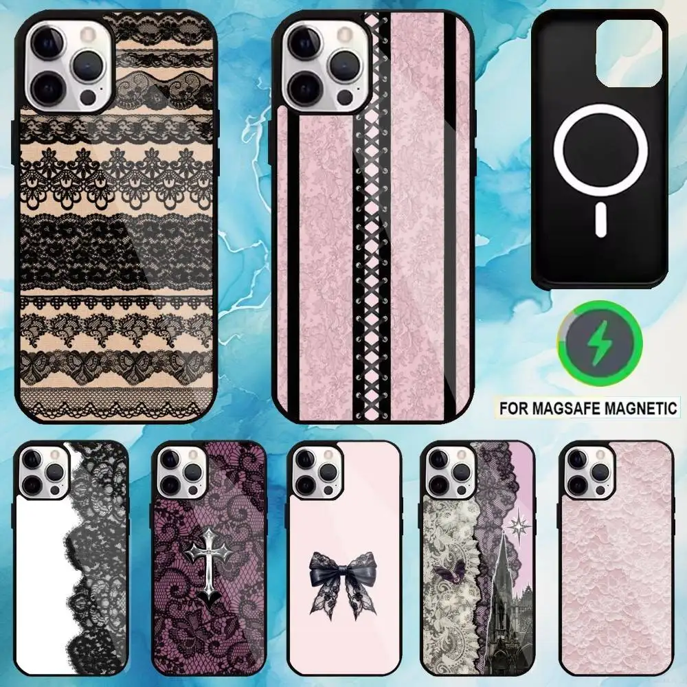 

Black Lace Print New Hot Phone Case For iPhone17,16,15,14,13,12,11 Plus,Pro Max Magnetic For Magsafe Wireless Charging
