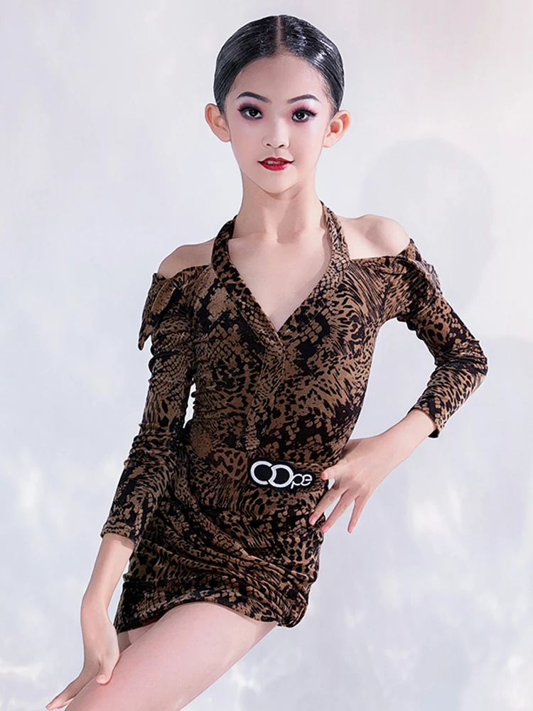 Kids Latin Dance Clothes Girls Long Sleeves Leopard Dress Suit Performance Wear Cha Cha Rumba Dance Practice Clothing BL11557