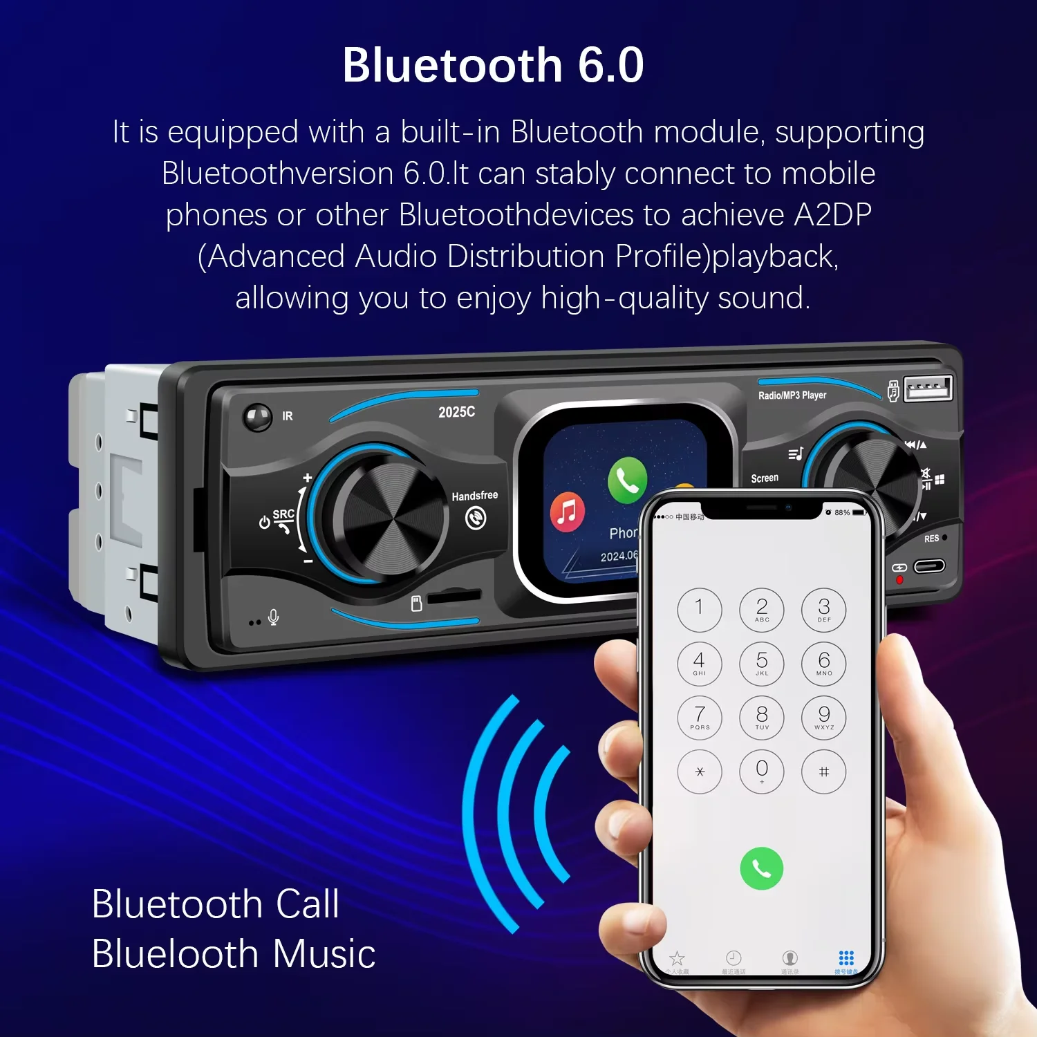 2.2 Inch Touch Screen Bluetooth 6.0 Full Band FM Radio USB AUX Type-C TF Card 7 Color Lights Incell Single Din Car Stereo