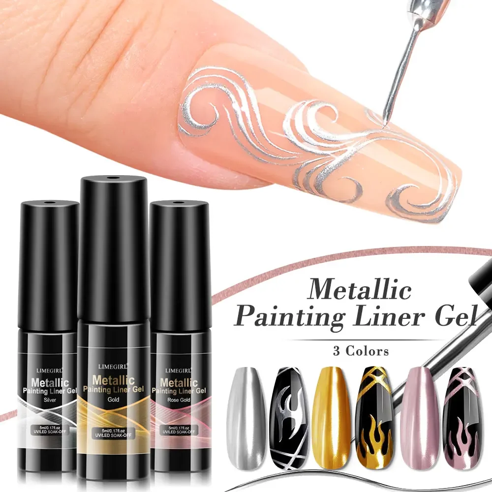 

Limegirl 3pcs Liner Painting Super Bright Metallic Mirror Painting Liner Silver Gold Drawing UV Gel Kit Nail Art Polish Set