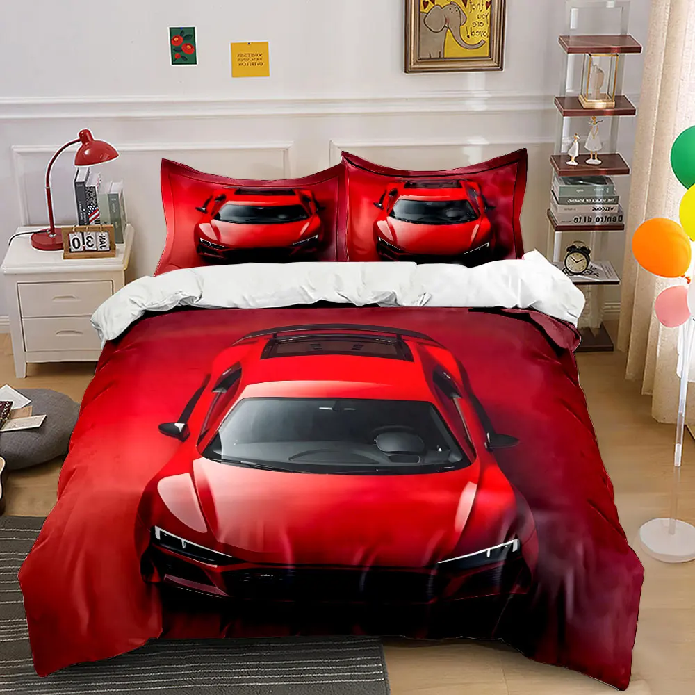Red sports car top view Duvet Cover Set with 3D Printing Design Soft Polyester Bedding Set All-Season Comfort Machine Washable