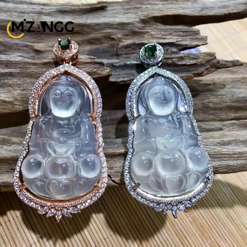 

Natural High Ice White Agate Guanyin Pendant S925 Silver Inset Chalcedony Necklace Luxury Fashion Jewelry for Men and Women Gift