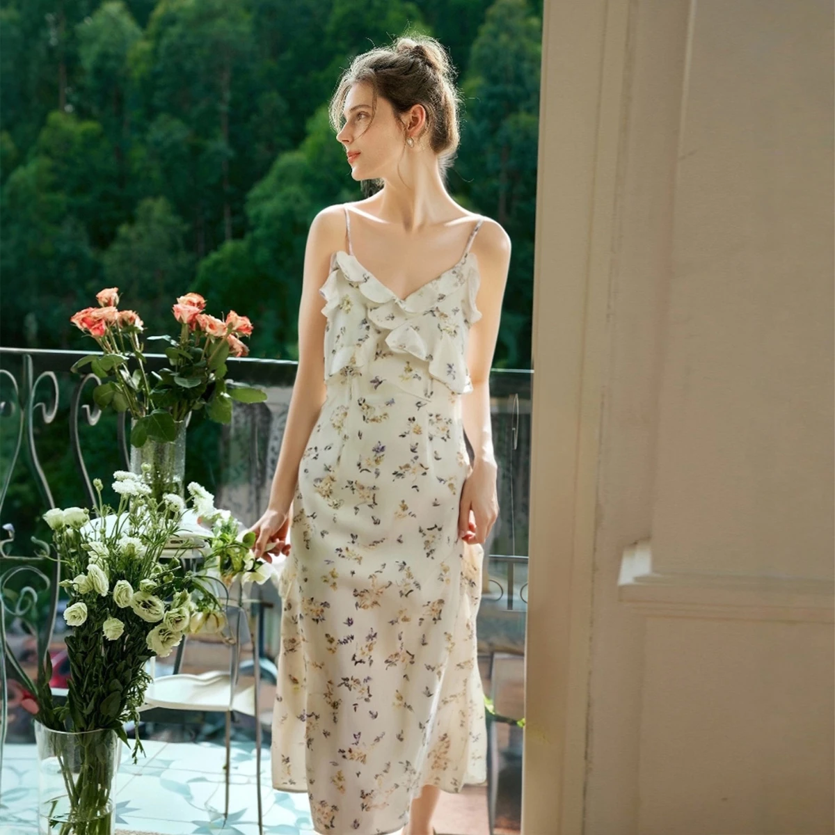 OLrain Vacanza Estiva Vacanza Volant Camis Dress Ladies Elegante Polka Dot Stampa Abiti Lunghi 2025 Vestiti Donna O57XL89198