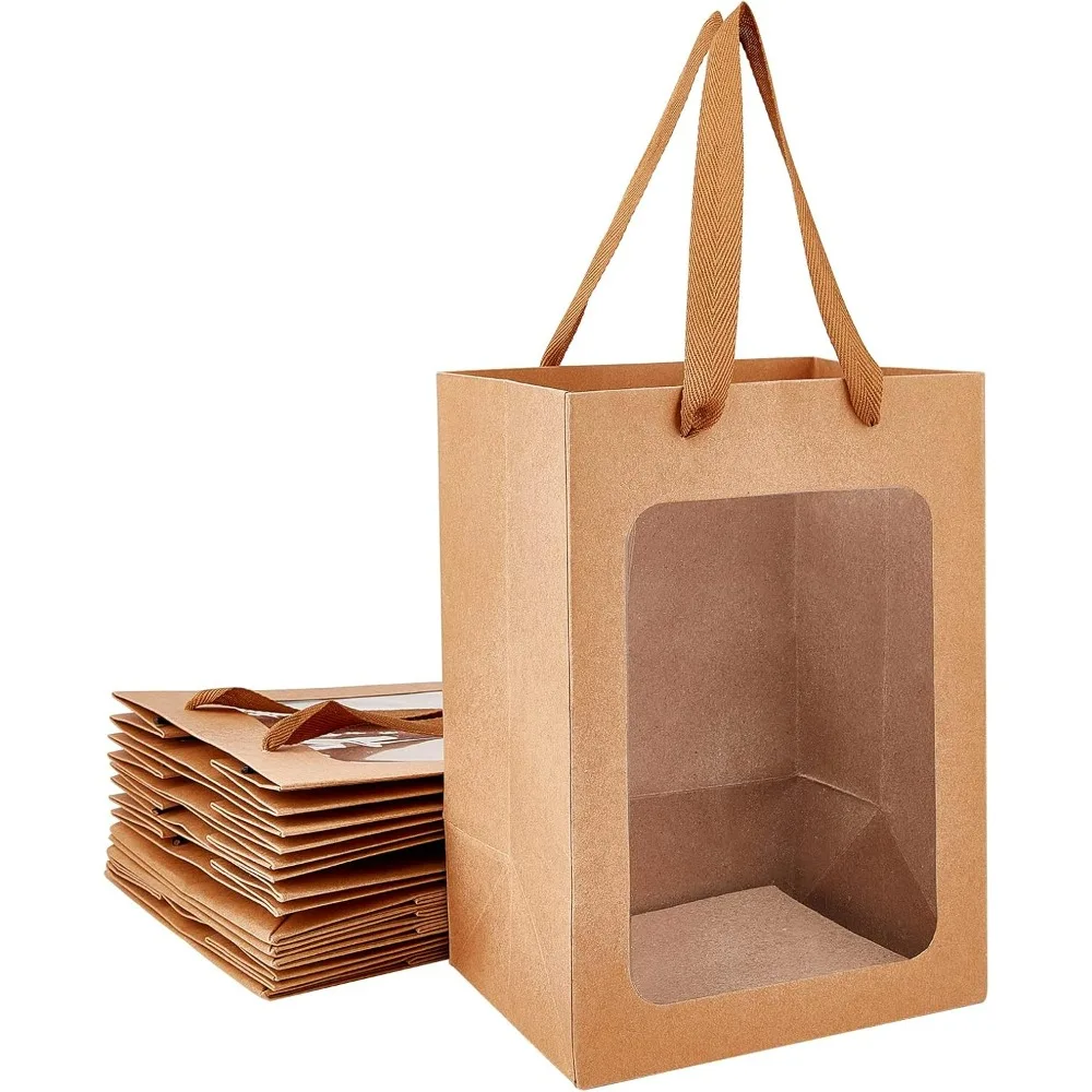 

10 Packs Brown Kraft Paper Bags with Window 10x7x5 Gift Bags for Valentine's Day Party Favor Storage Flower Stroage Making Kit