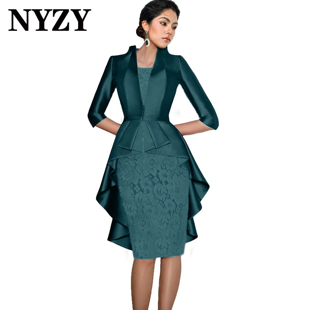 

NYZY M366 Satin 2-Piece Teal Mother of the Bride Lace Dresses with Jacket 2024 Wedding Party Guest Wear Cocktail Church Gowns