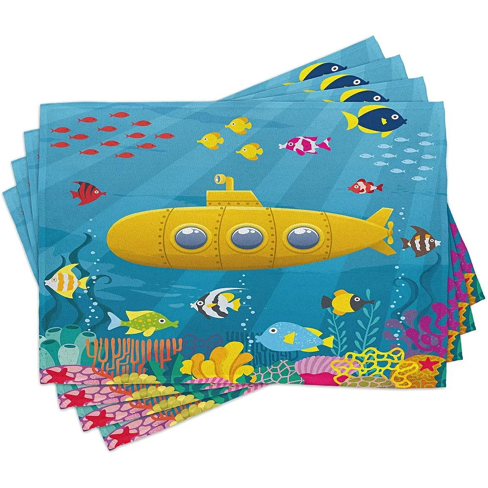 

Yellow Submarine Place Mats Set of 4, Coral Reef Colorful Fish Ocean Life Marine Creatures Tropic, Washable Fabric Placemats for