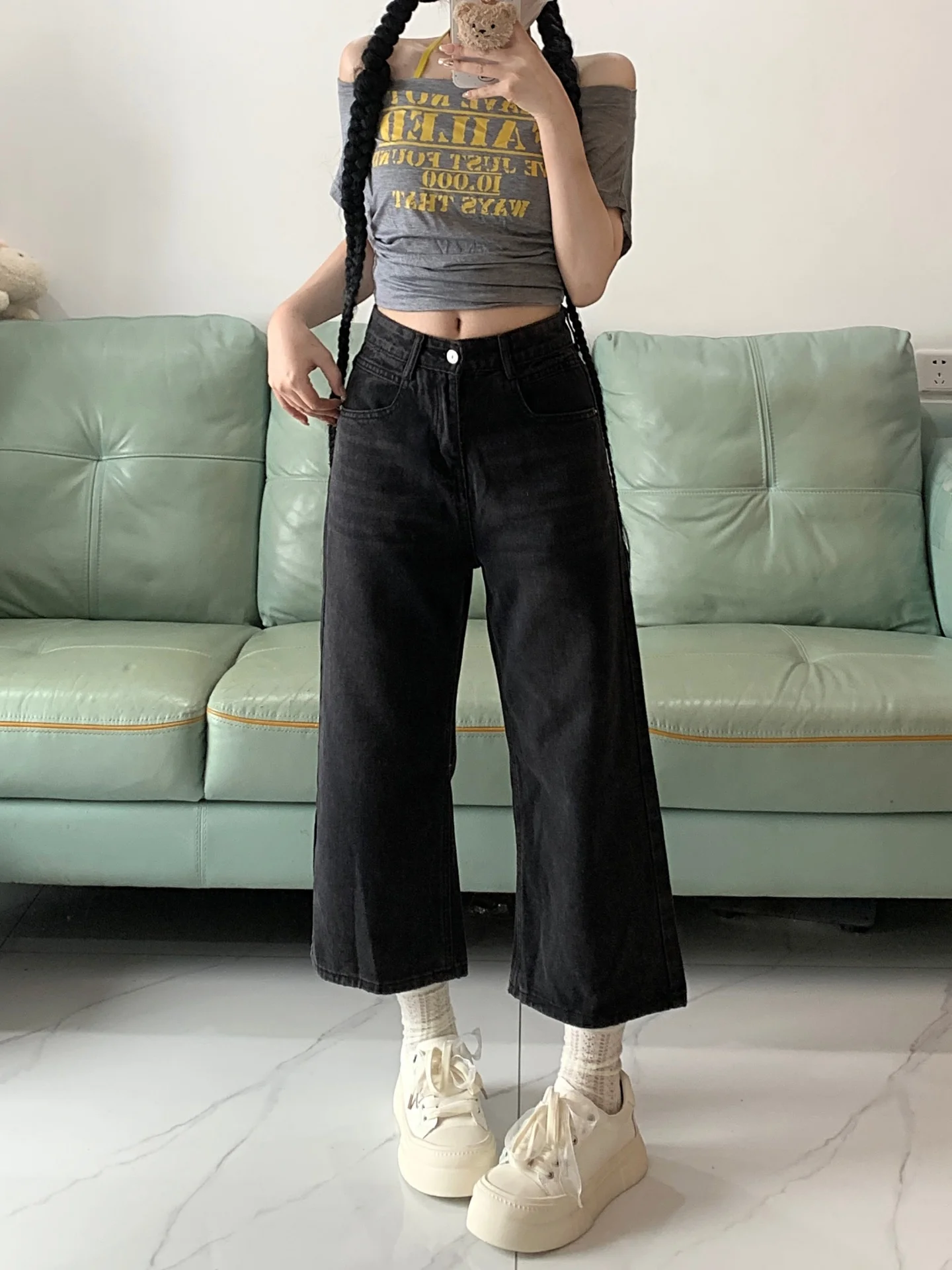 

plus Size American Style High Waist Straight Leg Jeans Women's Spring Loose Fit Nine-Tenths Length Slimming Wide Leg Pants