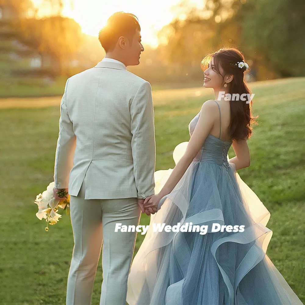 Fancy Korea Sexy Blue V Neck Wedding Dress Photo Shoot A Line Tulle Bridal Gown Back Corset Customized 웨딩드레스