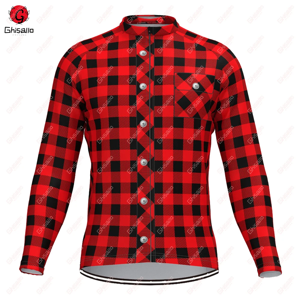 Plaid Checkered Cycling Jersey for Men, Long Sleeve, Thermal Fleece Lining, Warm, Road Bike, MTB Clothing, Winter and Autumn