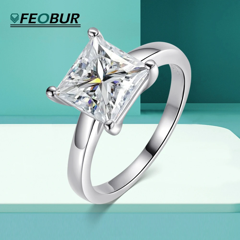 FEOBUR 1/2/3/4CT Princess Cut Moissanite Diamond Ring for Women Certified 100% 925 Sterling Silver Engagement Wedding Band GRA