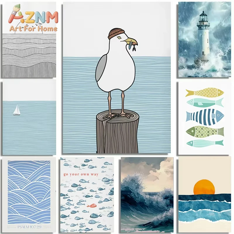 

1pc Aesthetic Coastal Canvas Wall Art Fish Bird Beach Seaside Home Decor Modern Wave Print Minimalist Retro Poster