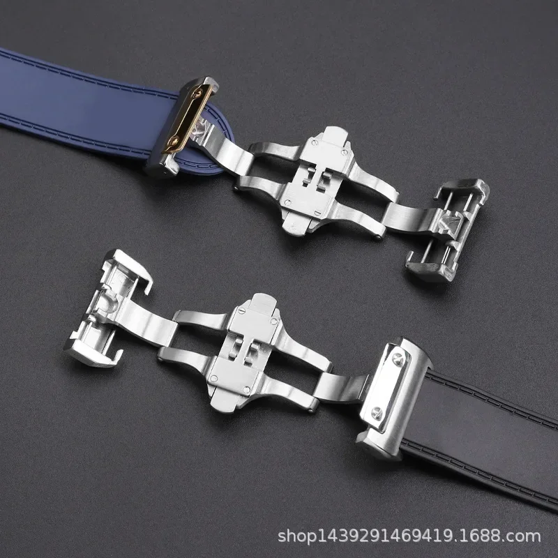 Para cartier santos100 santos pulseira de relógio de borracha de silicone santos 100 fivela de metal pulseira masculina preto azul pulseira macia 23 25mm