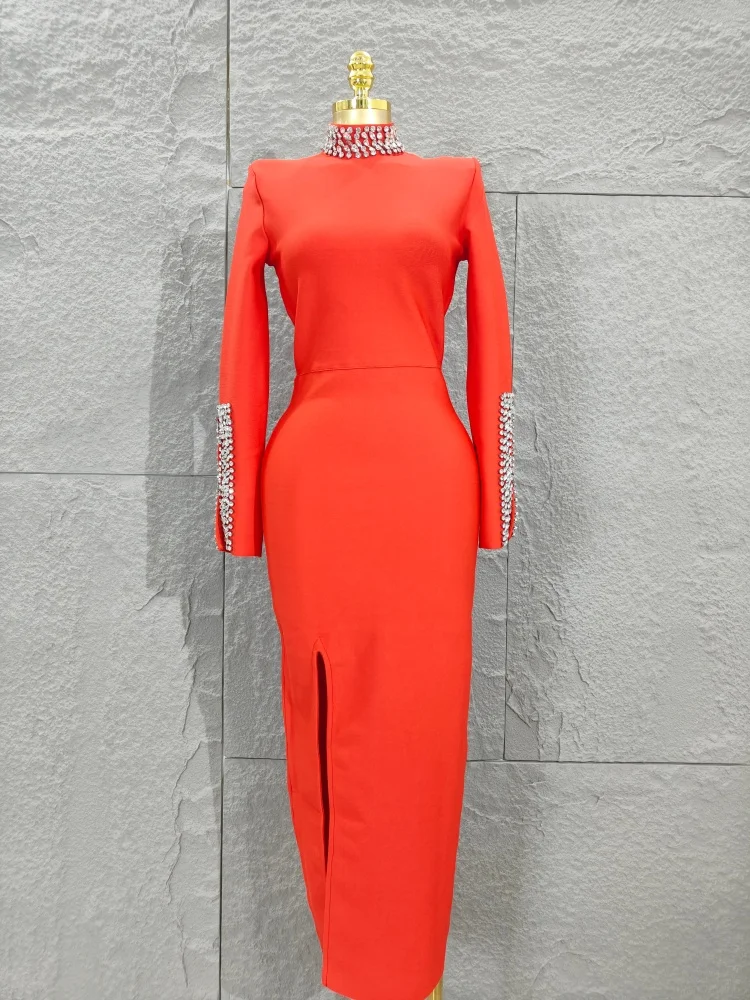 

Женское весеннее платье зимы 2025, красное, с длинным рукавом, с высоким воротником и кристаллами, с открытой ногой, длинное эластичное бандажное платье, вечернее платье