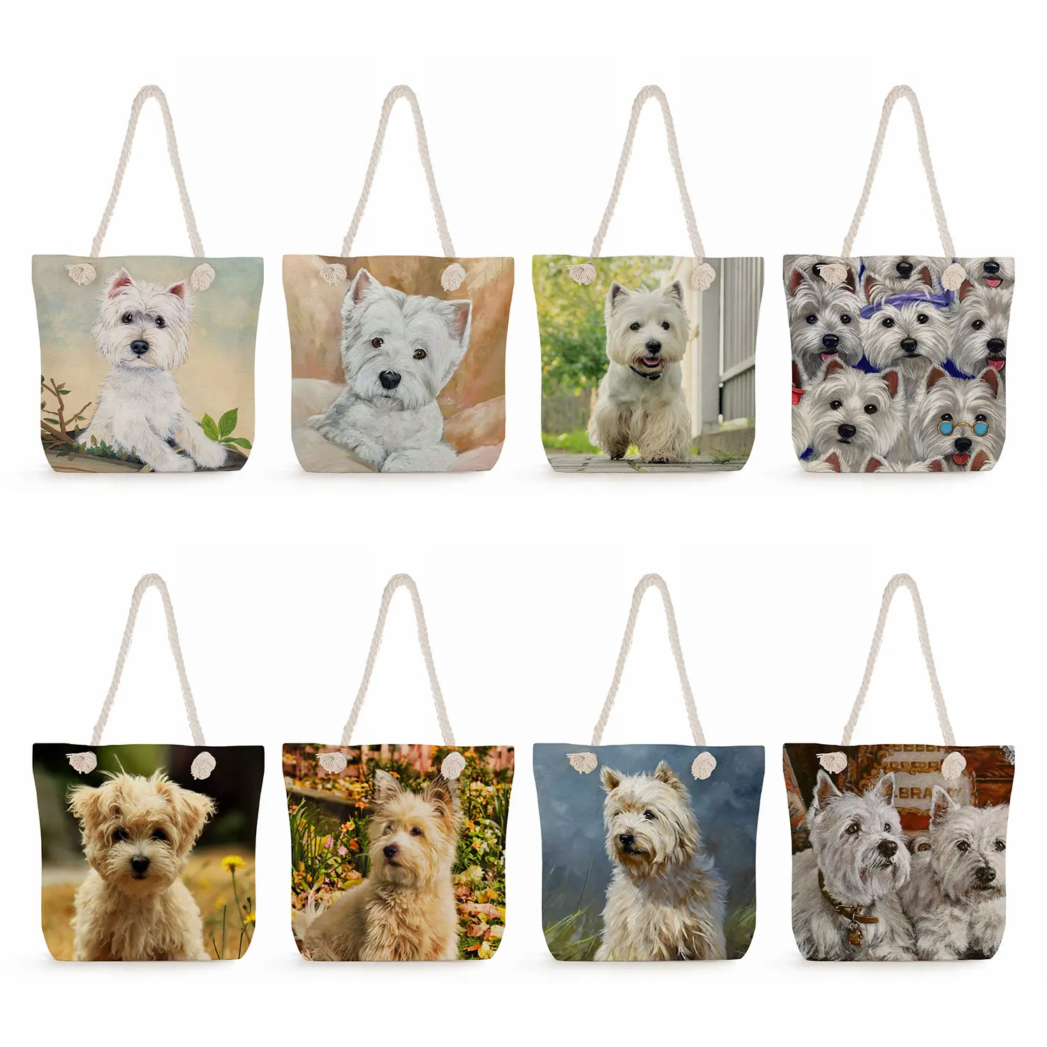 Cute West Highland White Terrier Printed Handbags Casual High Capacity Women Shopping Tote Bags Dog Graphic Travel Beach Bags