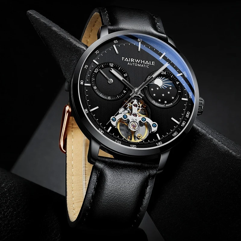 

Mark Fairwhale, высококачественные механические мужские часы со скелетом, автоматические часы с фазой Луны, сетчатые кожаные роскошные мужские часы с турбийоном