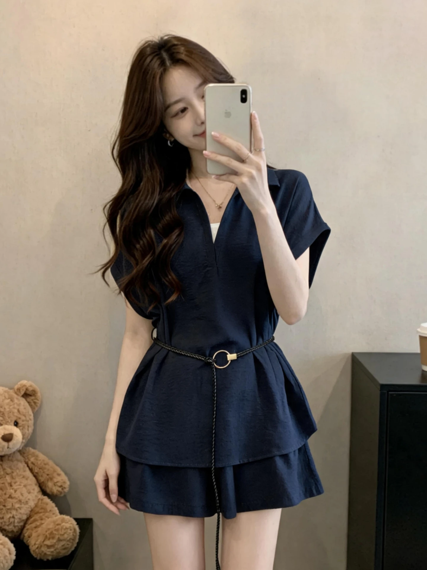 Slimming Effect plus Size Women's Summer Shirt Shorts Set High Waist Wide Leg Belted Short Sleeve V-Neck Breathable Casual Ou...
