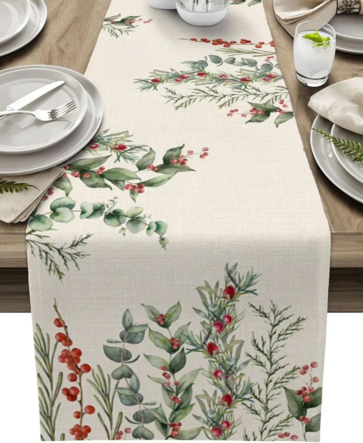 Christmas Berry Eucalyptus Leaves Linen Table Runners Dresser Scarves Winter Plant Kitchen Table Runner Navidad Decorations 2025