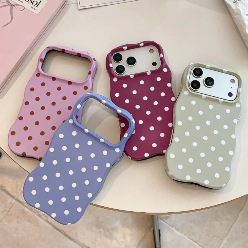 

Korea INS Cute Wave Edge Color Polka Dot Frosted Phone Case For IPhone 17 16 15 14 13 Pro Max 2 IN 1 Shockproof Protective Cover