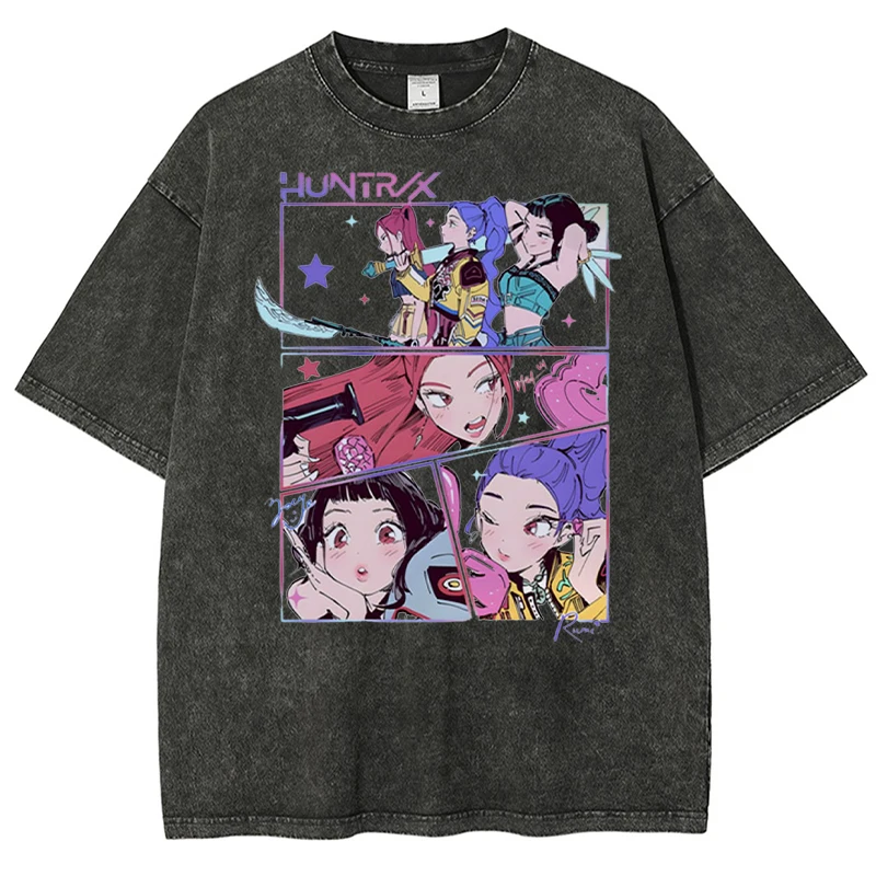 

Men'S Pure Cotton Round Neck Top Kpop Demon Hunters Washed T-Shirt, Multi-Color Loose And Neutral American Trendy Brand T-Shirt