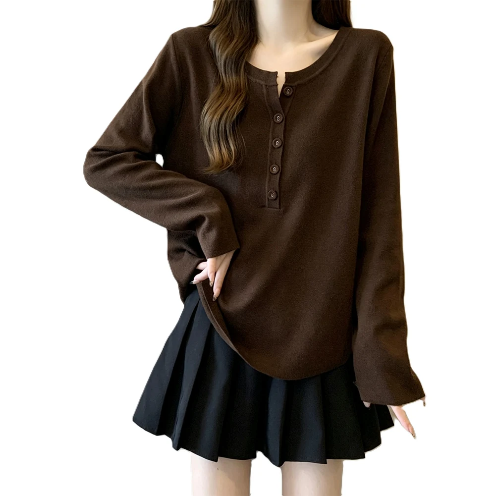 Solid Color Loose for Fit Womens Polyester T Shirt Long Sleeve Half Placket Button For Top for Office Beach Cycling Wear