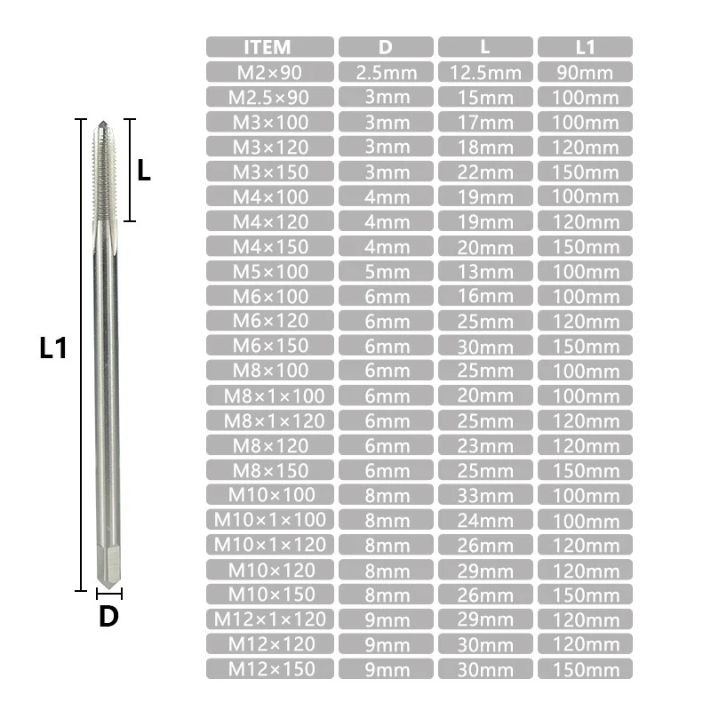 W6542 HSS extended 100/200/300mm straight groove machine tap M2~M13, used for processing internal thread tapping tools