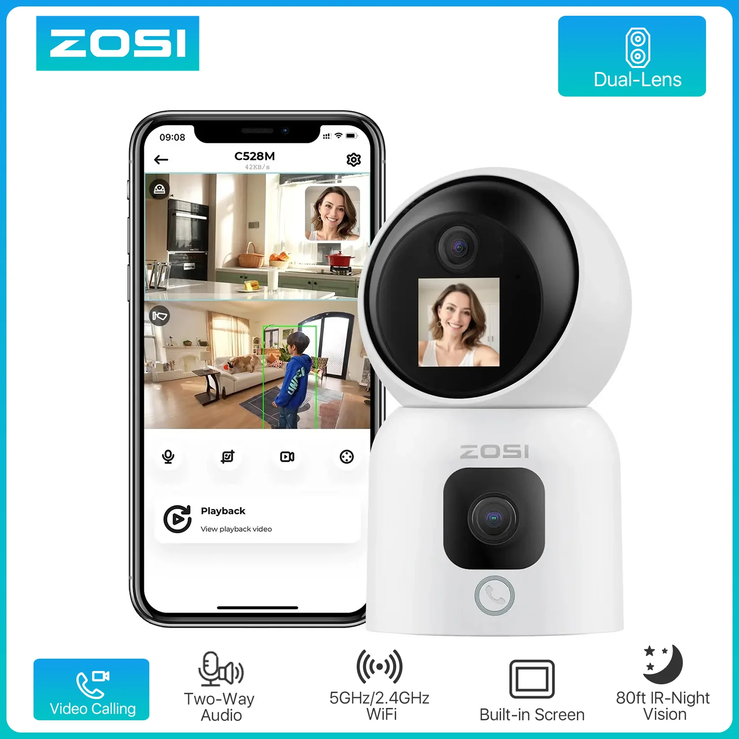 ZOSI C528 6 МП/4 МП HD с двумя объективами для внутренней Wi-Fi-камеры безопасности с подключением 360° °   Монитор для домашнего наблюдения с панорамированием/наклоном для домашних животных