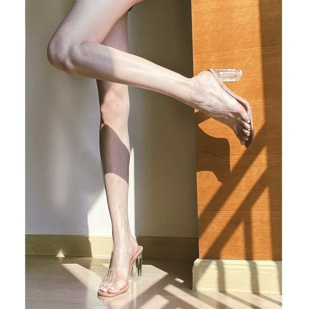 

Women's Clear PVC Strap Heeled Sandals, Crystal Block Heel Slides, Open Toe Casual Summer Footwear for Daily Beach Party Wear