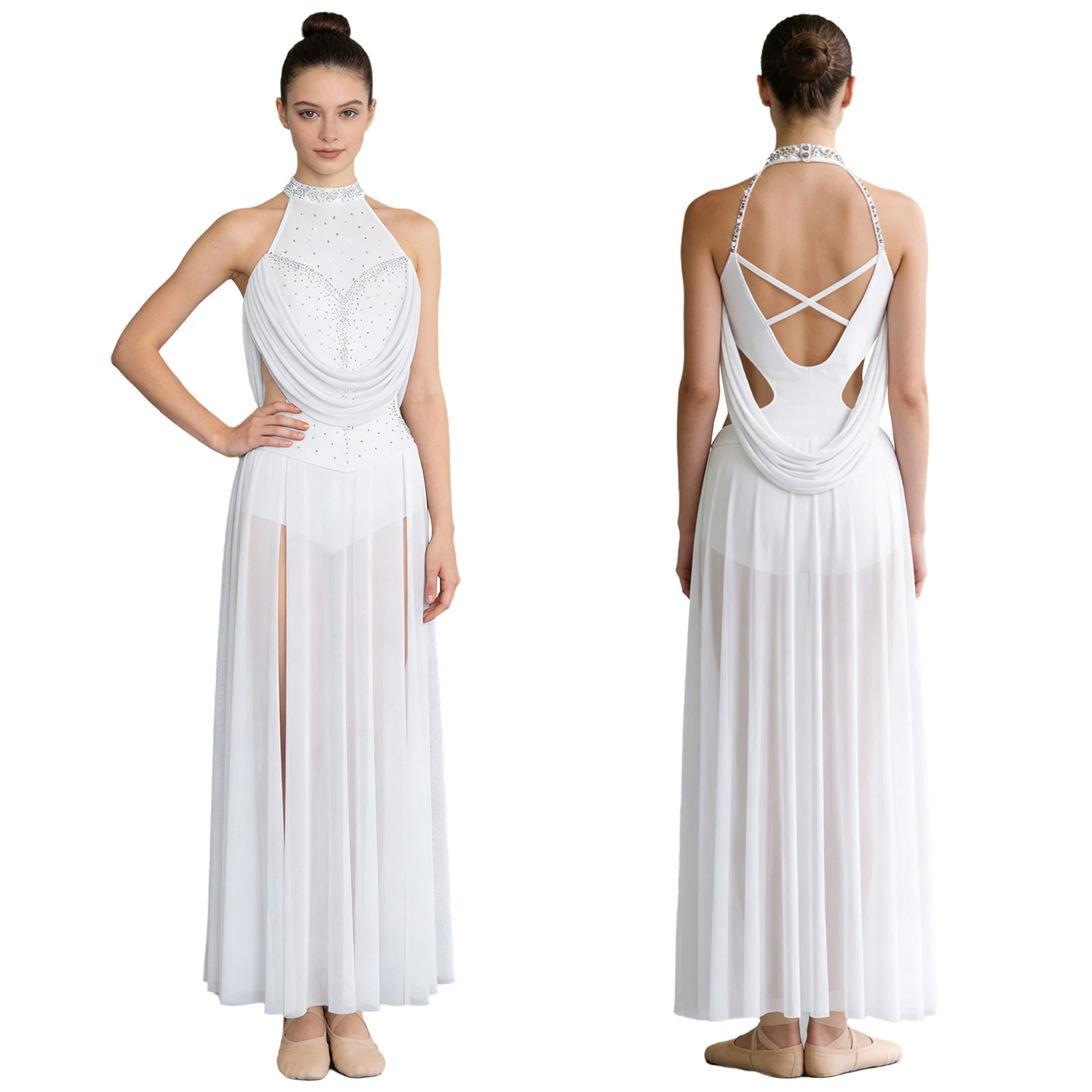 

Women Elegant Modern Ballet Ballroom Modern Dance Performance Maxi Dress Halter Sleeveless Backless Ballroom Stage Dance Dress