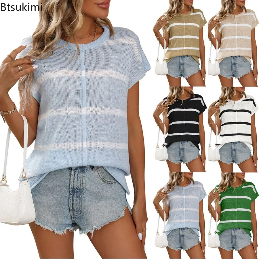 

2025 Summer New Solid-color Short-sleeved Pullover Knitted T-shirt Women Casual Round-neck Fashion Knitted Stripe Versatile Top