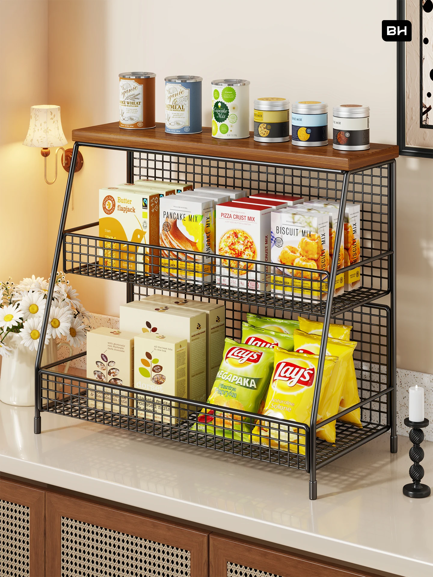スナック収納ラック-リビングルーム-キッチン-多層野菜フルーツバスケット-ティーバッグ-カップホルダー-シンプルスタイル-フードオーガナイザー