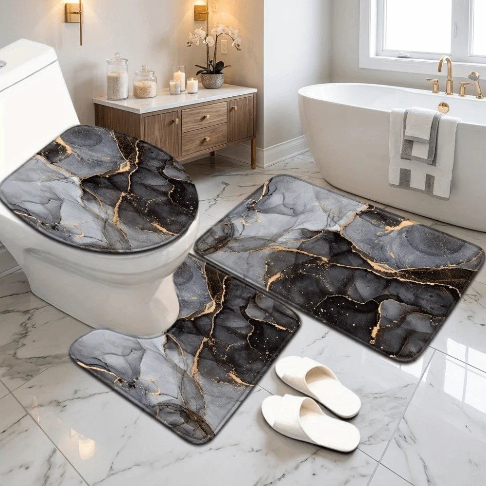 3PCS/SET Marble Pattern Bath Mat Set Super Absorbent Quick-Dry Non-Slip Rug Thick Wear Resistant Toilet Lid Cover Indoor Use