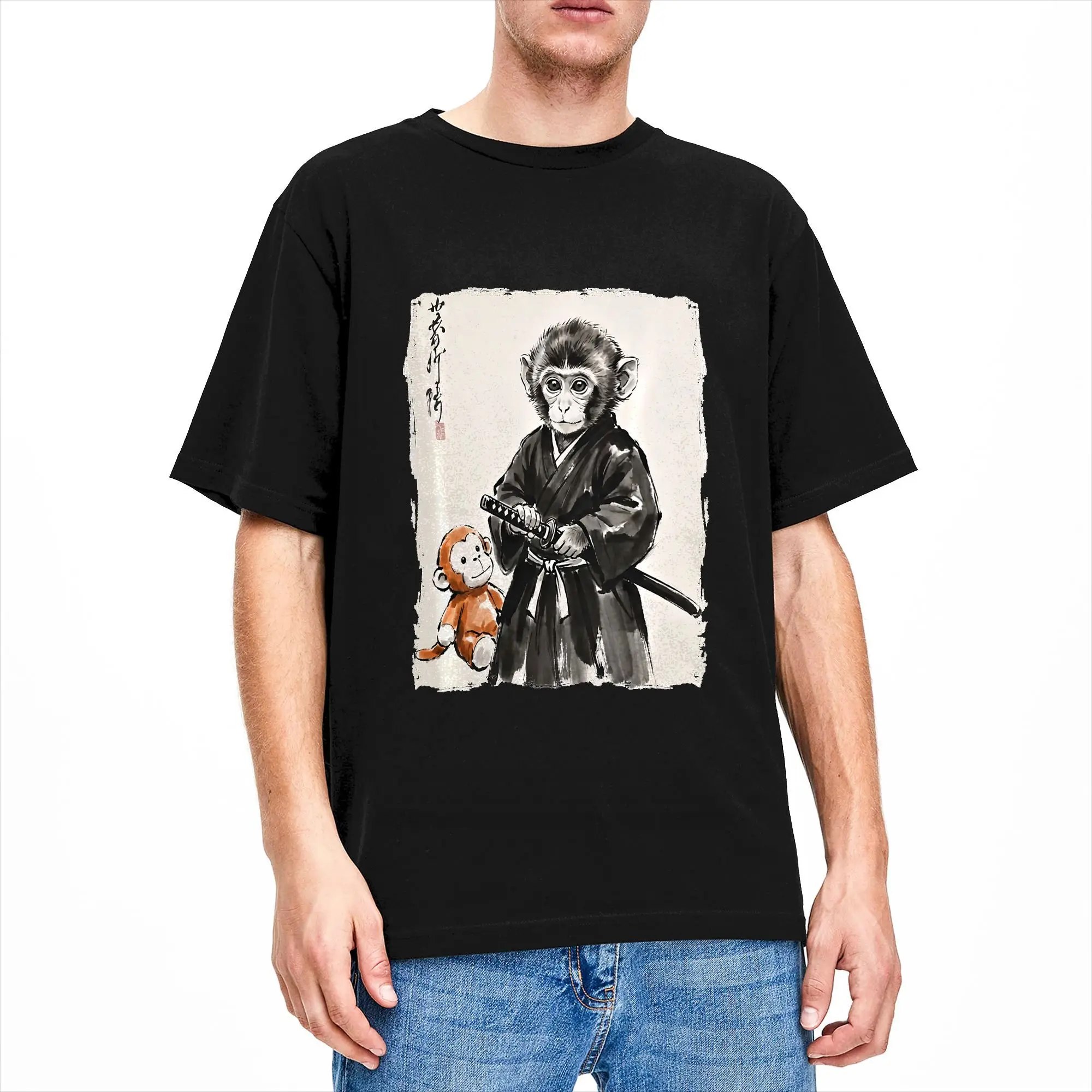 Punch Monkey Samurai Warrior Ink Artwork Men's T Shirts Creative Tee Shirt Short Sleeve O Neck T-Shirts Cotton Plus Size Clothes