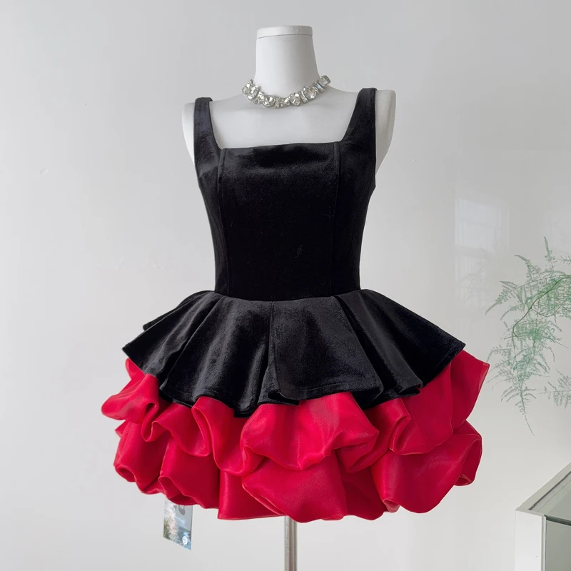 

Square Collar Back Lace-up Ball Gowns Women Formal Velvet Wedding Mini Dress Fashion Sleeveless Mesh Patchwork Short Dress