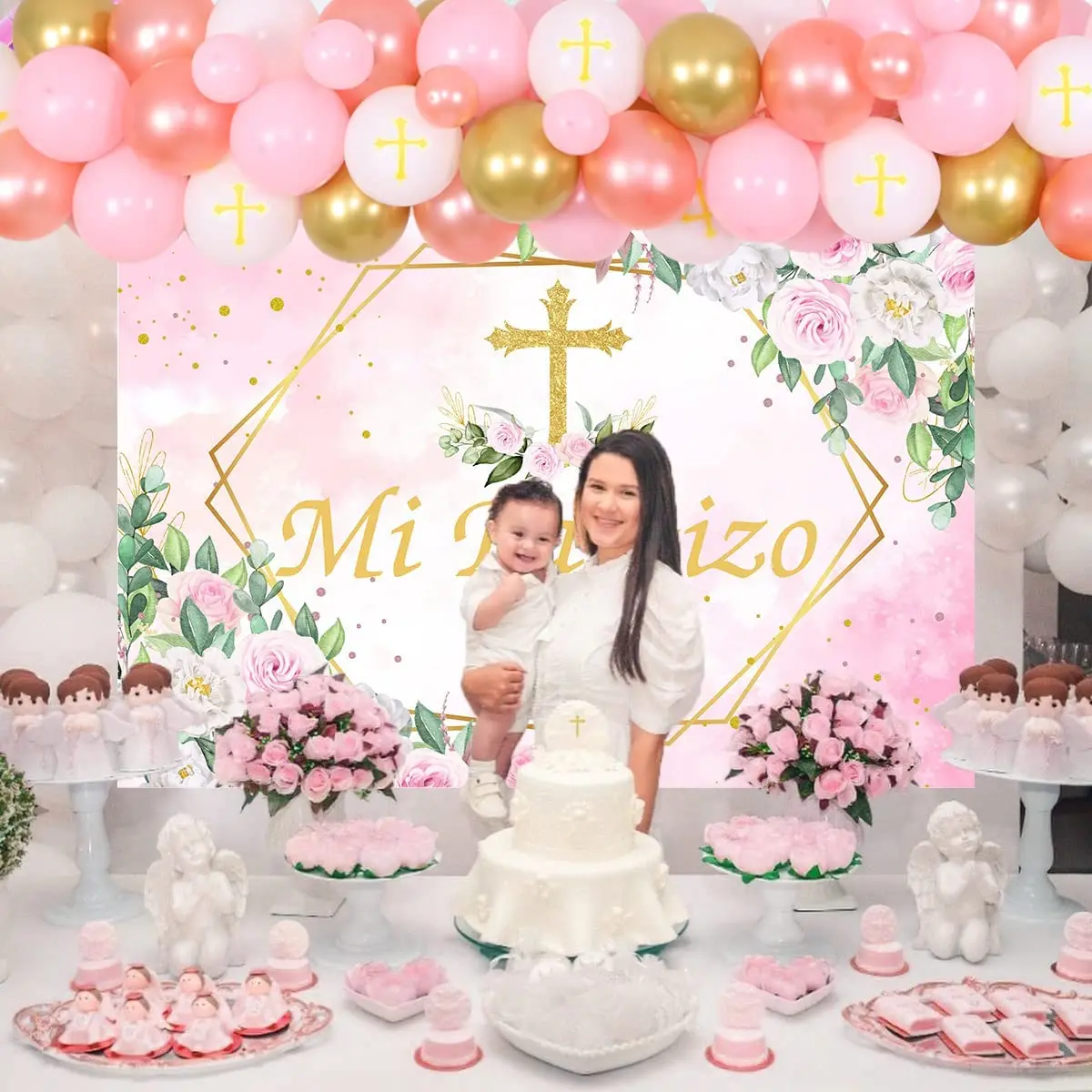 Mi Bautizo Party Decoration Pink White Balloon Garland Kit for Girls Mi Bautizo Backdrop Confirmation Baptism Party Decoration