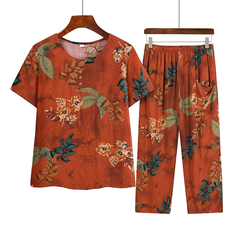 Middle Aged Mother Pajama Set Summer Women's Suit Short Sleeve Sleepwear T-shirt Calf-length Trousers Sets Pyjama Pour Femme