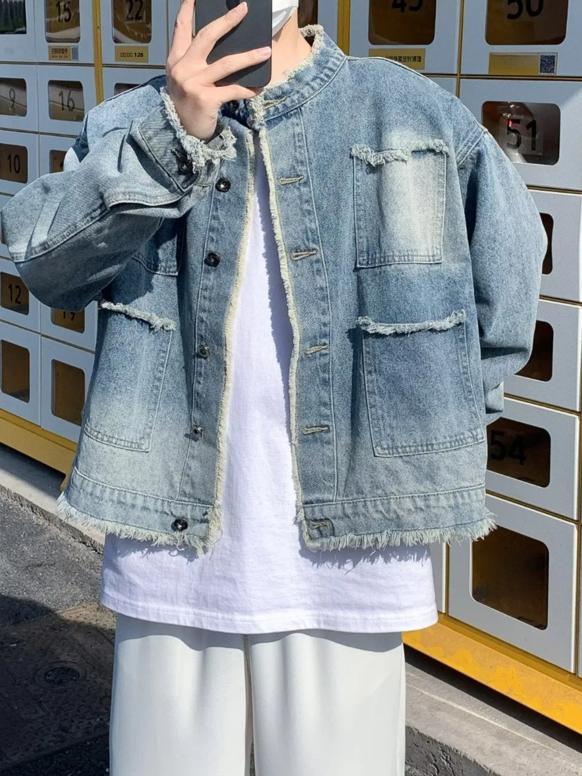 

Ретро-джинсовая куртка в американском стиле для мужчин, модная брендовая модель для пар, осенне-зимняя повседневная верхняя одежда с рваным дизайном, свободный крой