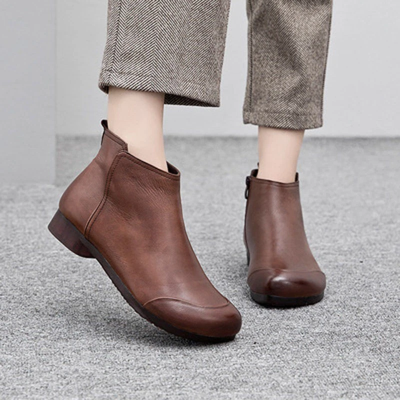 Winter Flat Women\'s Shoes 2024 New Fashion Ankle Boots Retro Casual Plus Size Short Boots Zipper Solid Color Warm Flat Boots