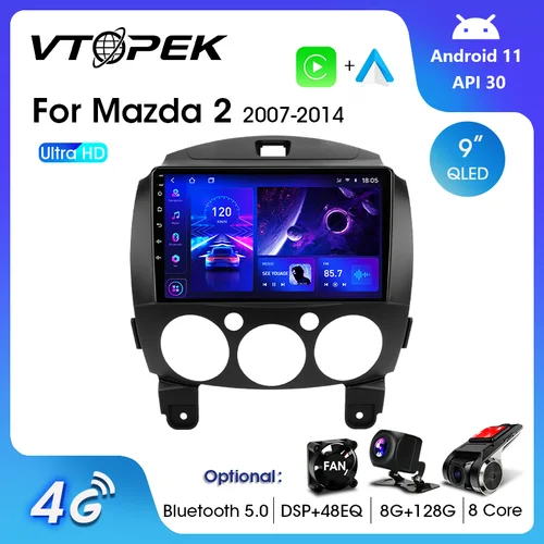 Vtopek 2Din para Mazda2 2007-2014 4G Android 11 Radio estéreo para coche reproductor de vídeo Multimedia navegación GPS unidad principal Carplay